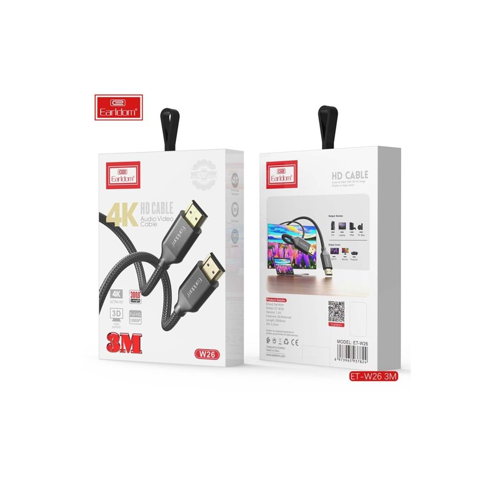 EARLDOM W26 3M 4K ALTIN UÇLU HASIR HDMI KABLO