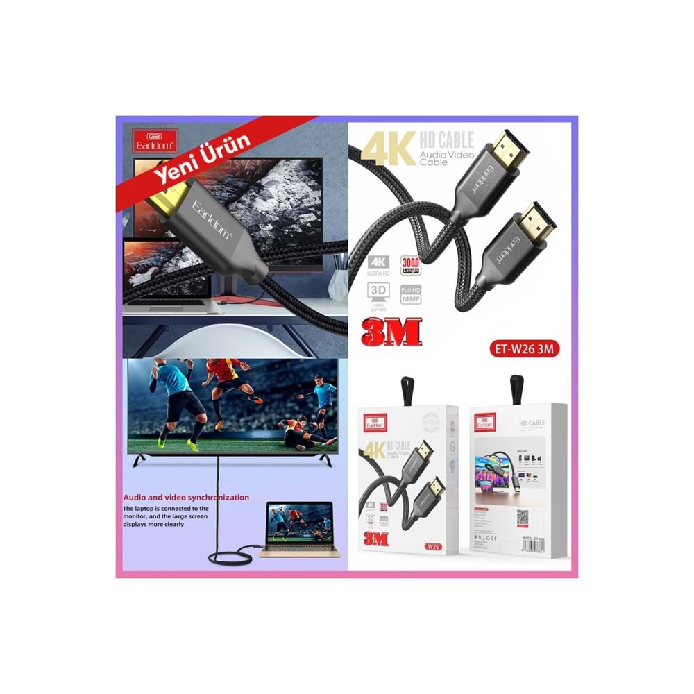 EARLDOM W26 3M 4K ALTIN UÇLU HASIR HDMI KABLO