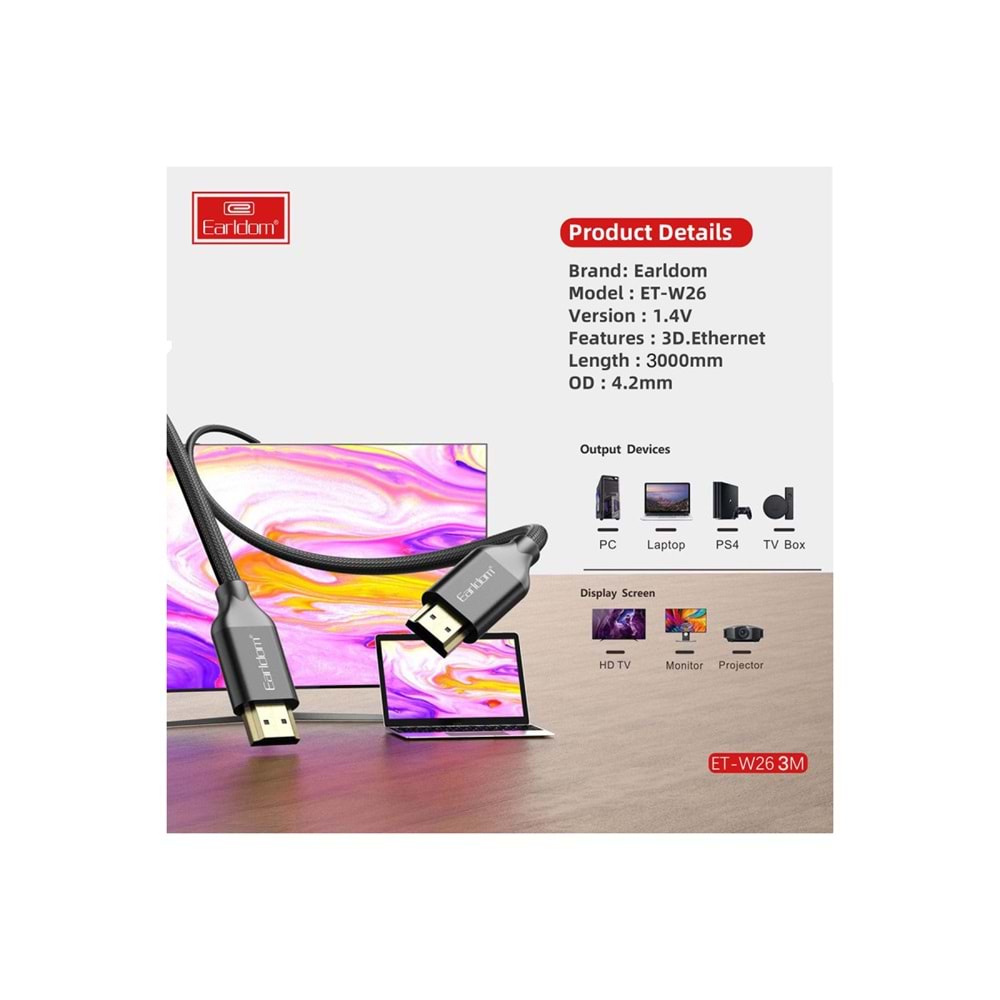 EARLDOM W26 3M 4K ALTIN UÇLU HASIR HDMI KABLO