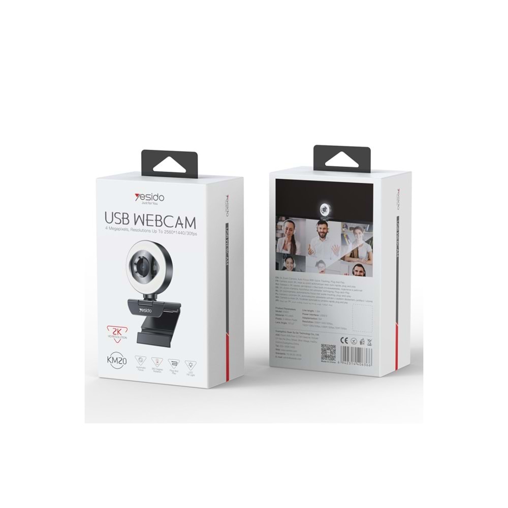YESİDO KM20 2K 4MP LED AYDINLATMALI USB WEB KAMERA