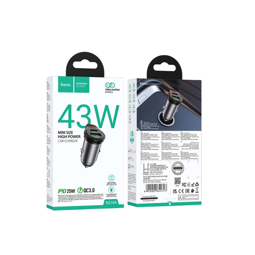 HOCO. NZ16A RİGOROUS 43W USB + PD HIZLI ARAÇ ŞARJI