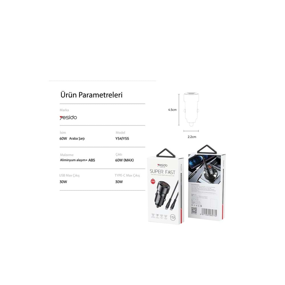 YESİDO Y55 60W USB + PD TYPE-C HIZLI ARAÇ ŞARJI
