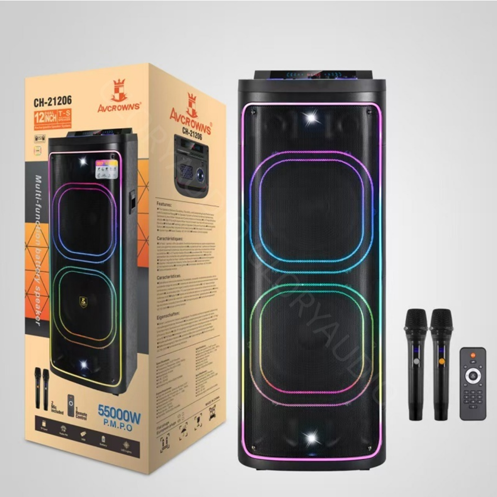 AVCROWNS CH-21206 12 İNCH X2 55000W RGB AYDINLATMA ÇİFT KABLOSUZ KARAOKE MİKROFONLU BT HOPARLÖR