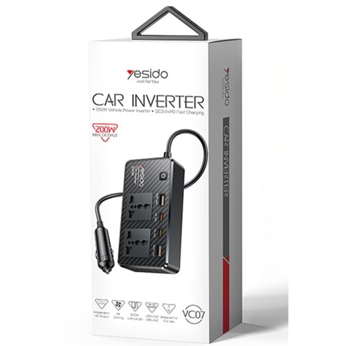 YESİDO VC07 200W AC 220V ÇIKIŞLI PD DESTEKLİŞ ARAÇ İÇİ GÜÇ DÖNÜŞTÜRÜCÜ