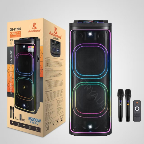 AVCROWNS CH-21206 12 İNCH X2 55000W RGB AYDINLATMA ÇİFT KABLOSUZ KARAOKE MİKROFONLU BT HOPARLÖR