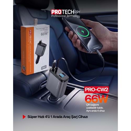PROTECH PRO-CW2 66W GERİ ÇEKMELİ 4İN1 TYPE-C + LİGHTNİNG SÜPER HIZLI ARAÇ ÇAKMAKLIK ŞARJ ALETİ