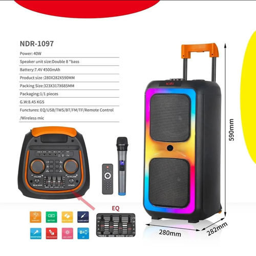 NDR 1097 8 İNCH X2 6000W 4500MAH RGB AYDINLATMA TEK KABLSOUZ KARAOKE MİKROFONLU BT HOPARLÖR