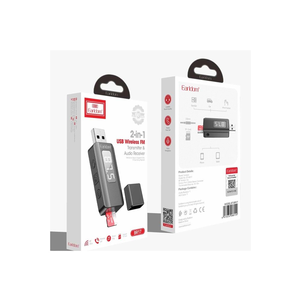 EARLDOM BR17 BT 5.3 SD KART VE AUX GİRİŞLİ USB FM TRANSMİTTER