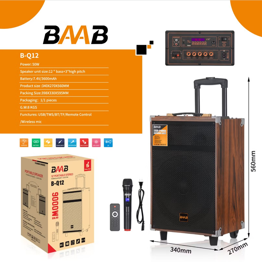 BAAB B-Q12 12 İNCH 9000W 3600MAH TEK KABLOSUZ KARAOKE MİKROFONLU BT HOPARLÖR